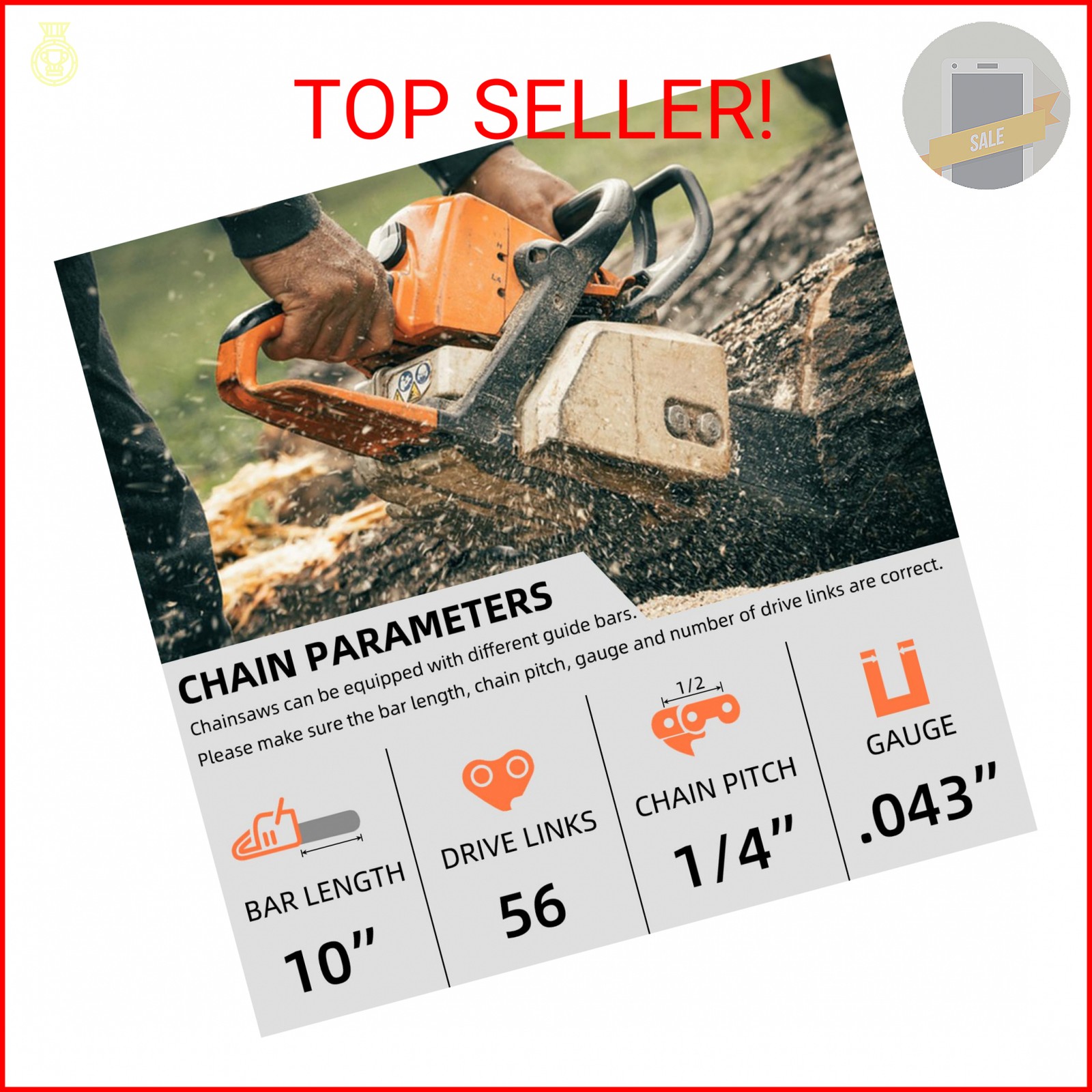 5 Pack 10 Inch Pole Saw Chain Fit Stihl 1/4″ Pitch .043″ Gauge 56 Drive Links 10