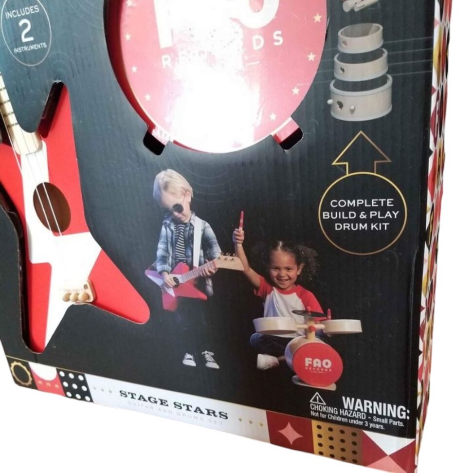 FAO Schwarz F.A.O. Records Stage Stars Toy Wood Rockstar Guitar & Drum Set – 2pk
