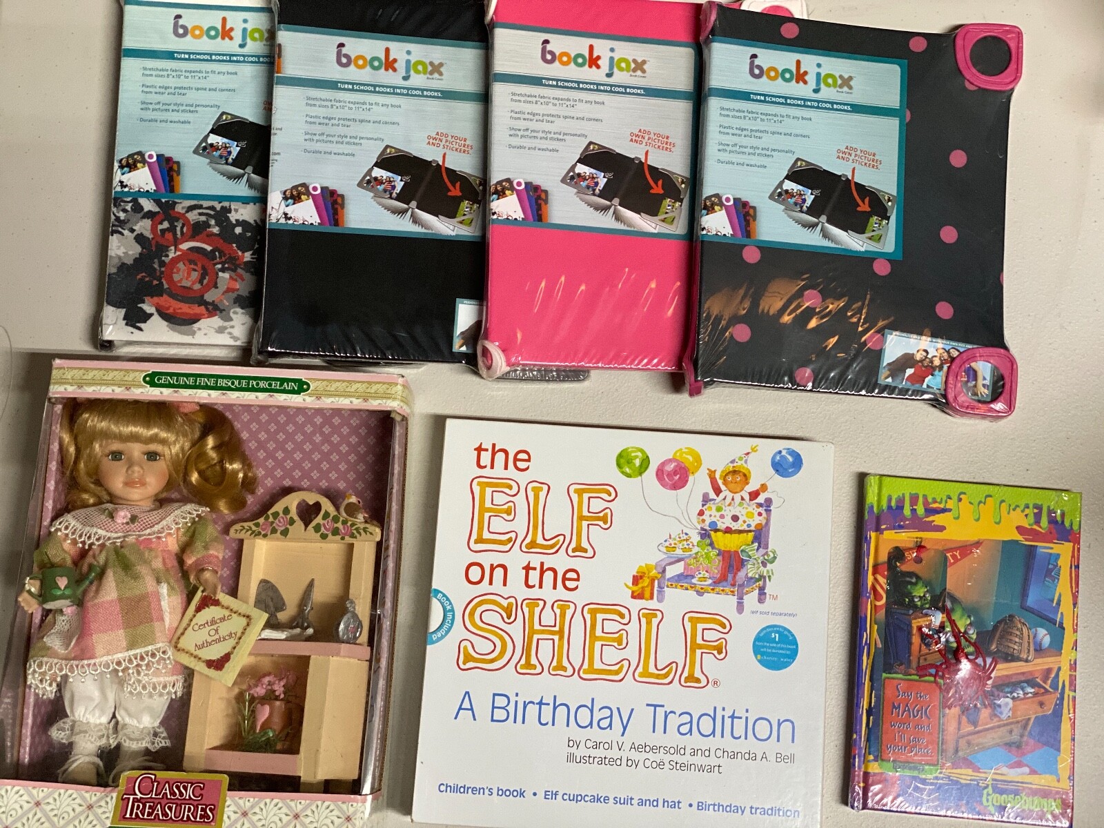 HUGE LOT Elf Shelf -Happy B’day,Goosebumps Hardcover Notebook,4 Book Jax,CT Doll