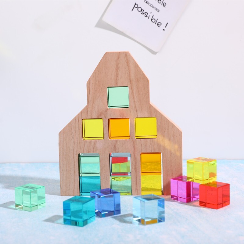 Dutch wooden houses with acrylic cubes, sensory toy set