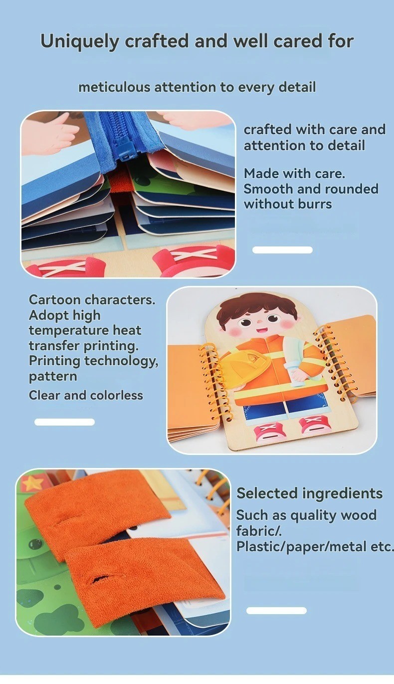Montessori Kids Busy Board Toddler Sensory Book Learn to Dress Zipper Game Toy