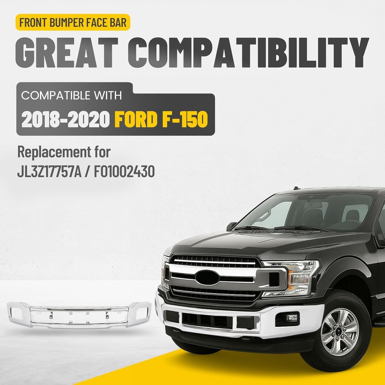 18-20 Ford F150 Front Bumper Face Bar w/ Fog Light Hole Impact Bar Chrome