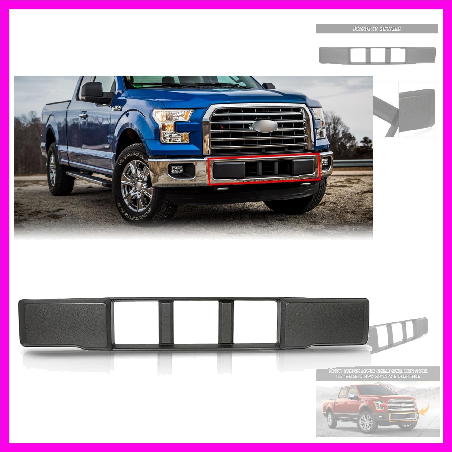 Front Lower Grille Trim Panel Compatible With 2015-2017 Ford F-150 F150 Black…