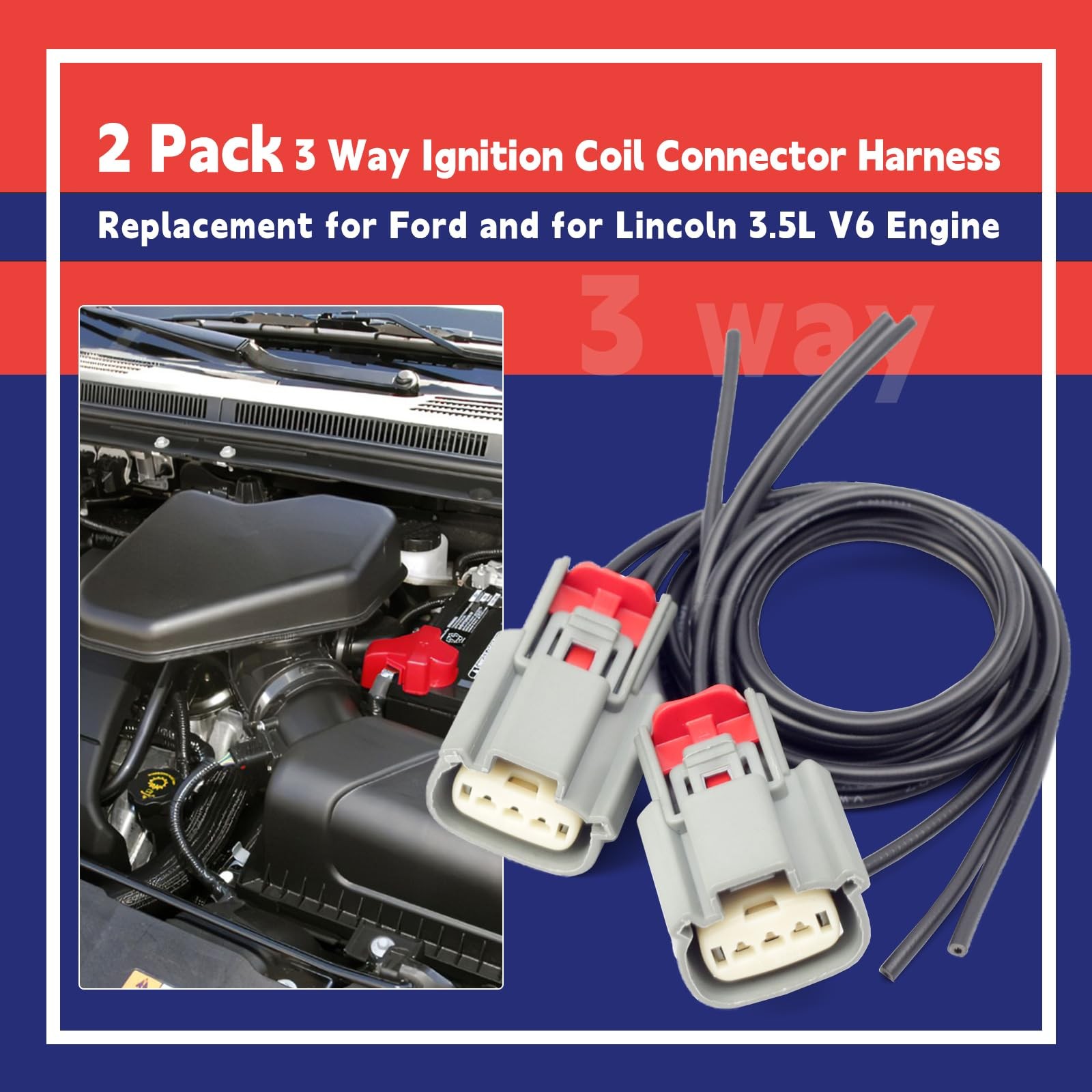 Dusledel CU2Z-14S411-AFA Ignition Coil Connector Pigtail Harness 3 Way…