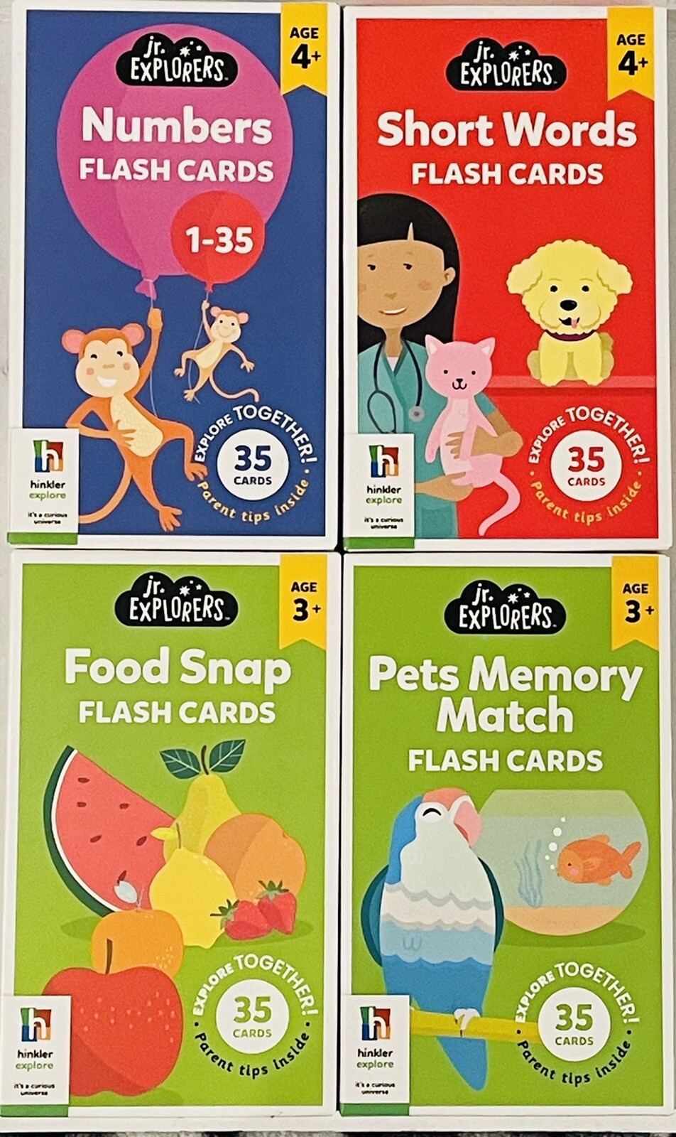 4 JR EXPLORERS FLASH CARDS FOOD, PETS/MEMORY 3+ NUMBERS, SHORT WORDS AGE 4+