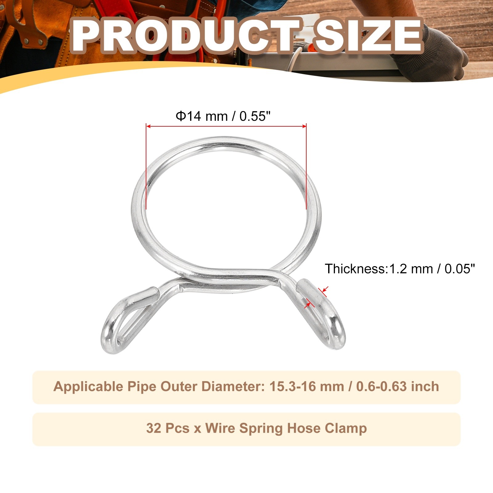 32 Pcs Wire Spring Hose Clamp for 15.3-16mm OD 0.55″(14mm) ID Silver