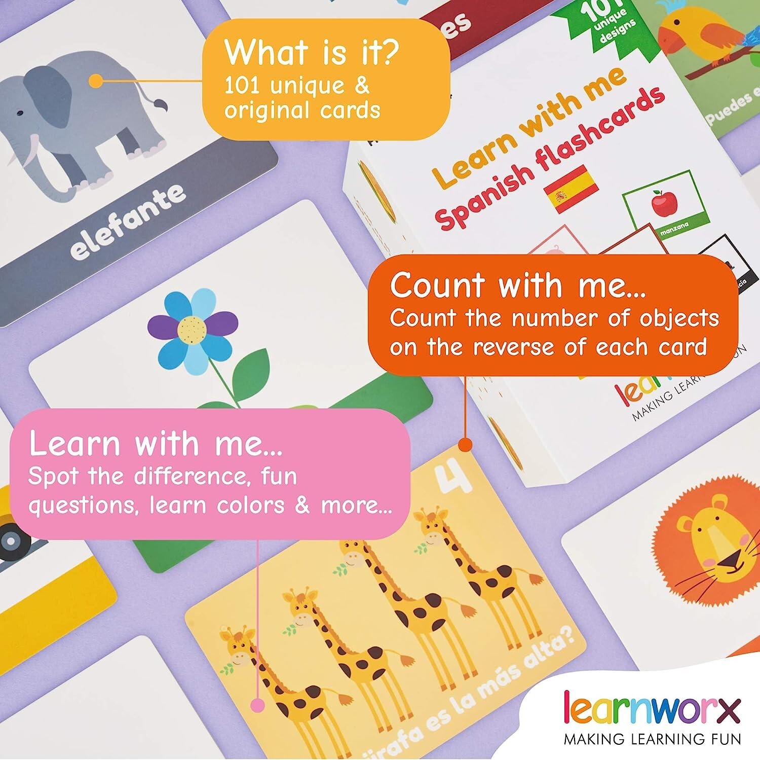 Spanish Flash Cards for Kids & Toddlers – 101 Cards – 202 Sides – Learn with Me