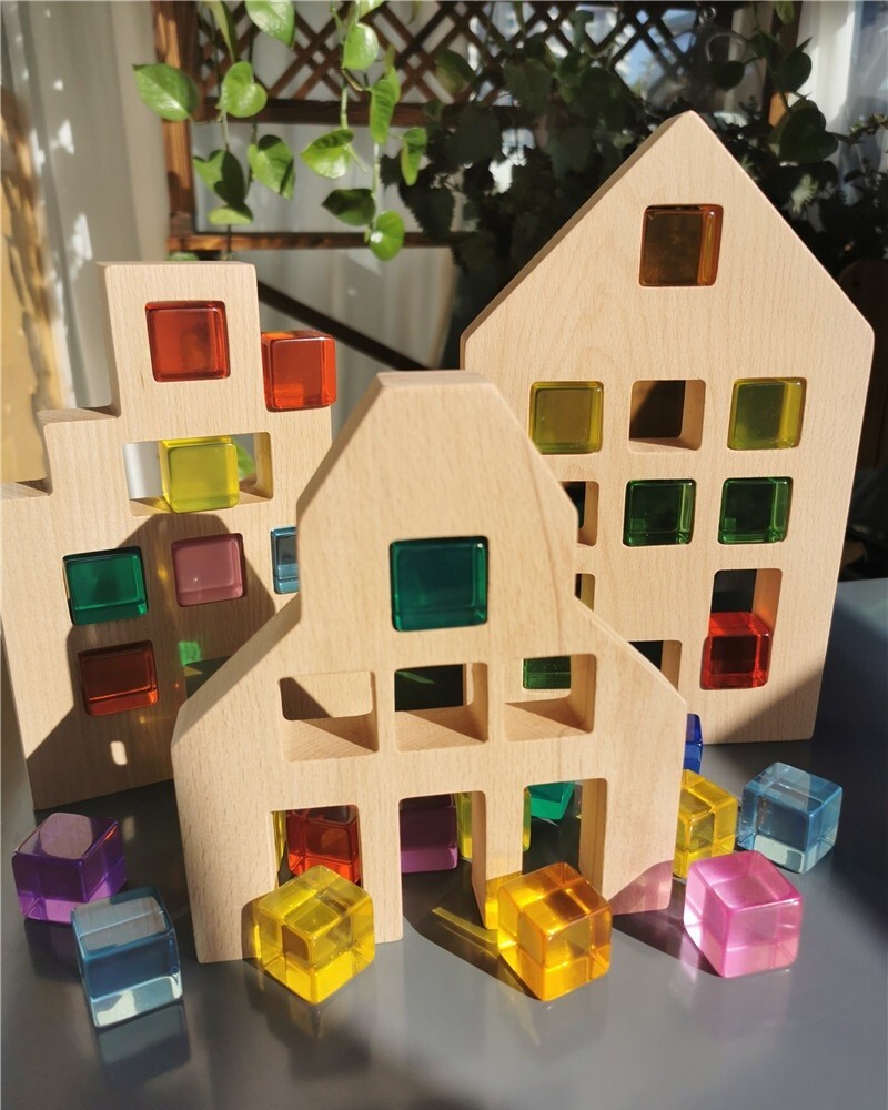 Dutch wooden houses with acrylic cubes, sensory toy set