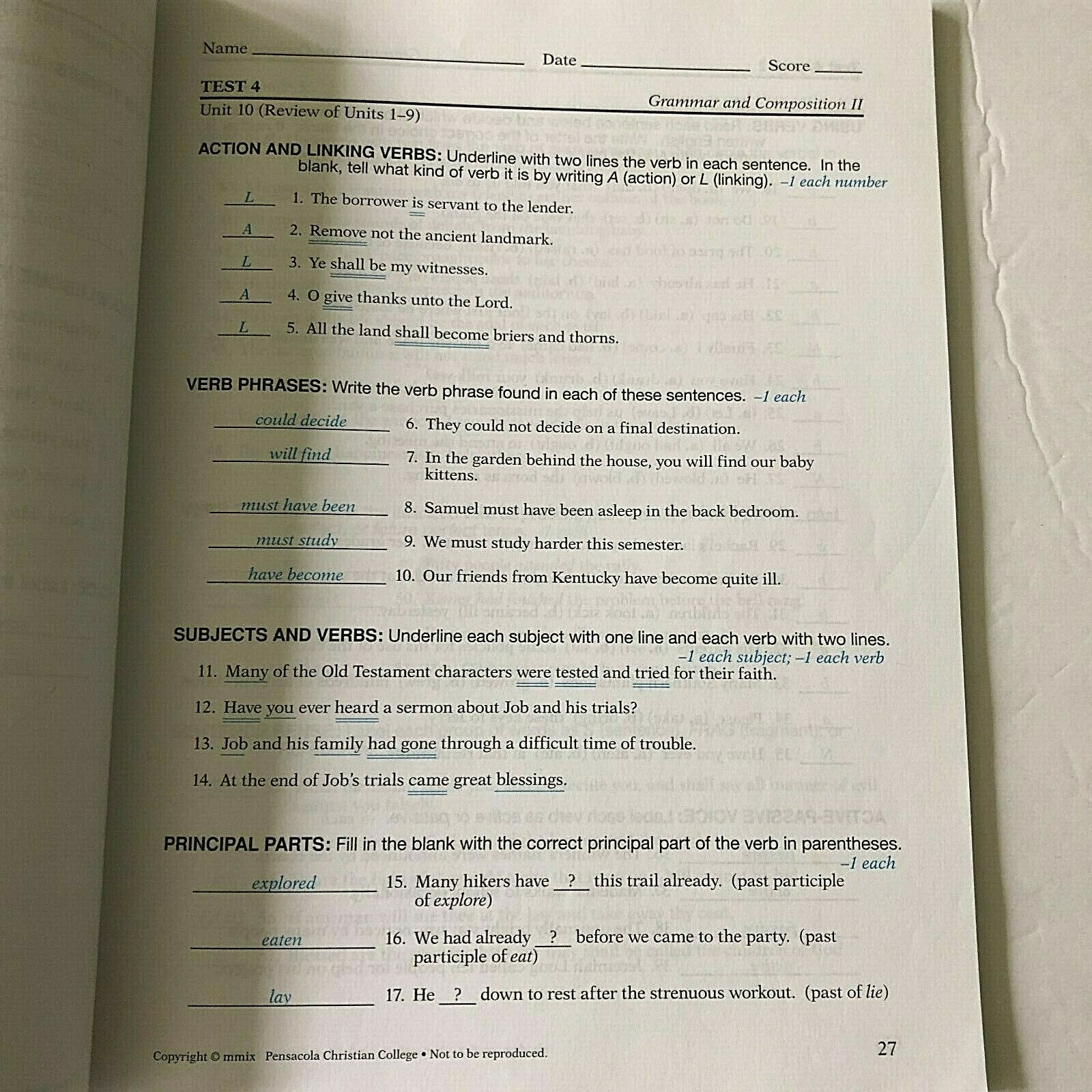 A Beka Grammar & Composition II 5th Ed. Quiz/Test Key for use with English 8