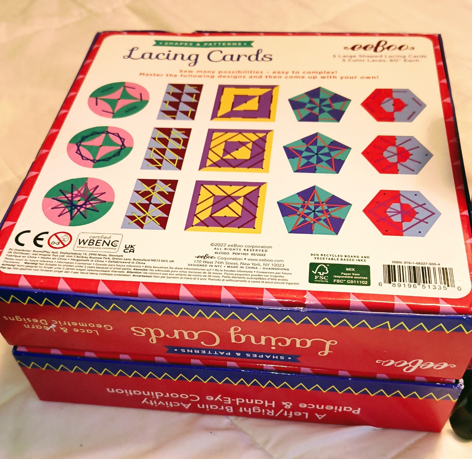 3 eeBoo Shapes & Patterns Lacing Cards Lace & Learn Geometric Designs Age 5+