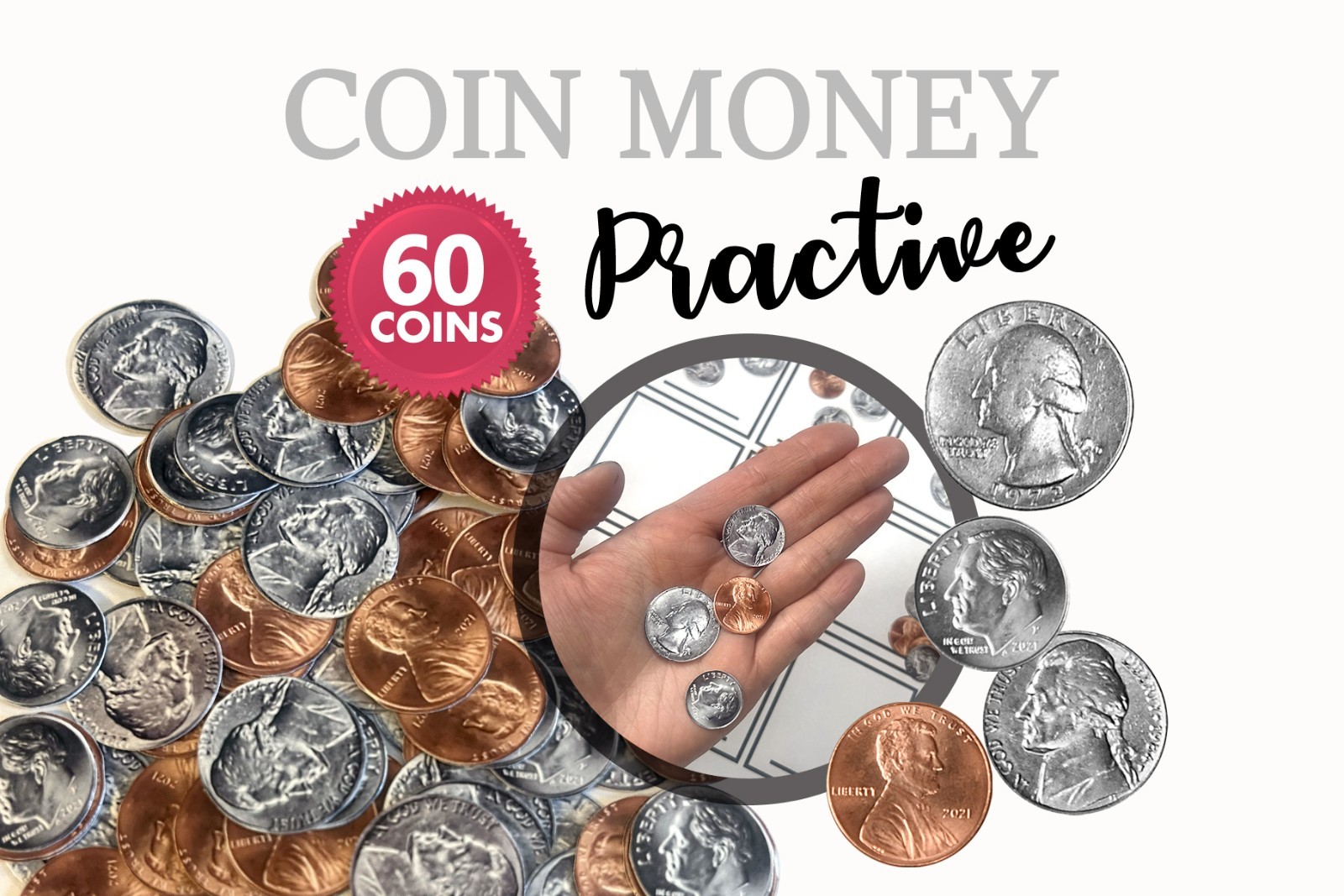 Kids Money Learning Activity Stickers, 60 US Practice Coins, Kindergarten Math