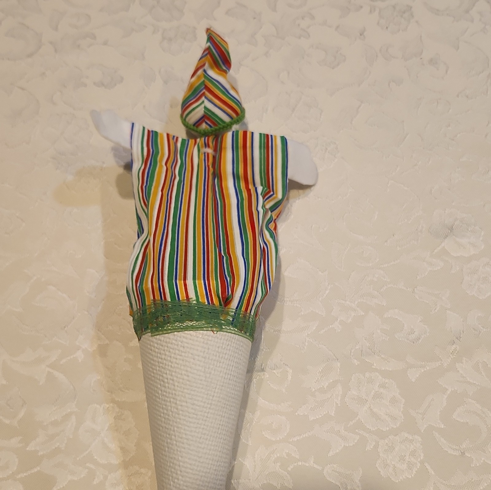 Striped Hooded Clown Stick Puppet Pull String Toy Wooden Handle Rod Ball End