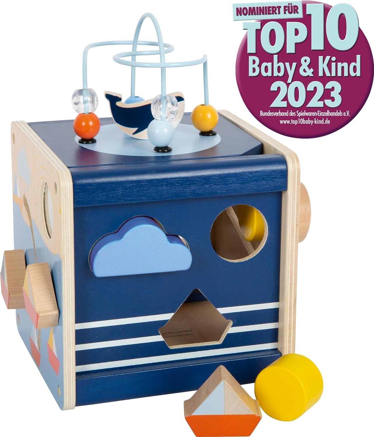 small foot Big Ocean Activity Cube Made of Wood, Maritime Motor Toy for Toddlers