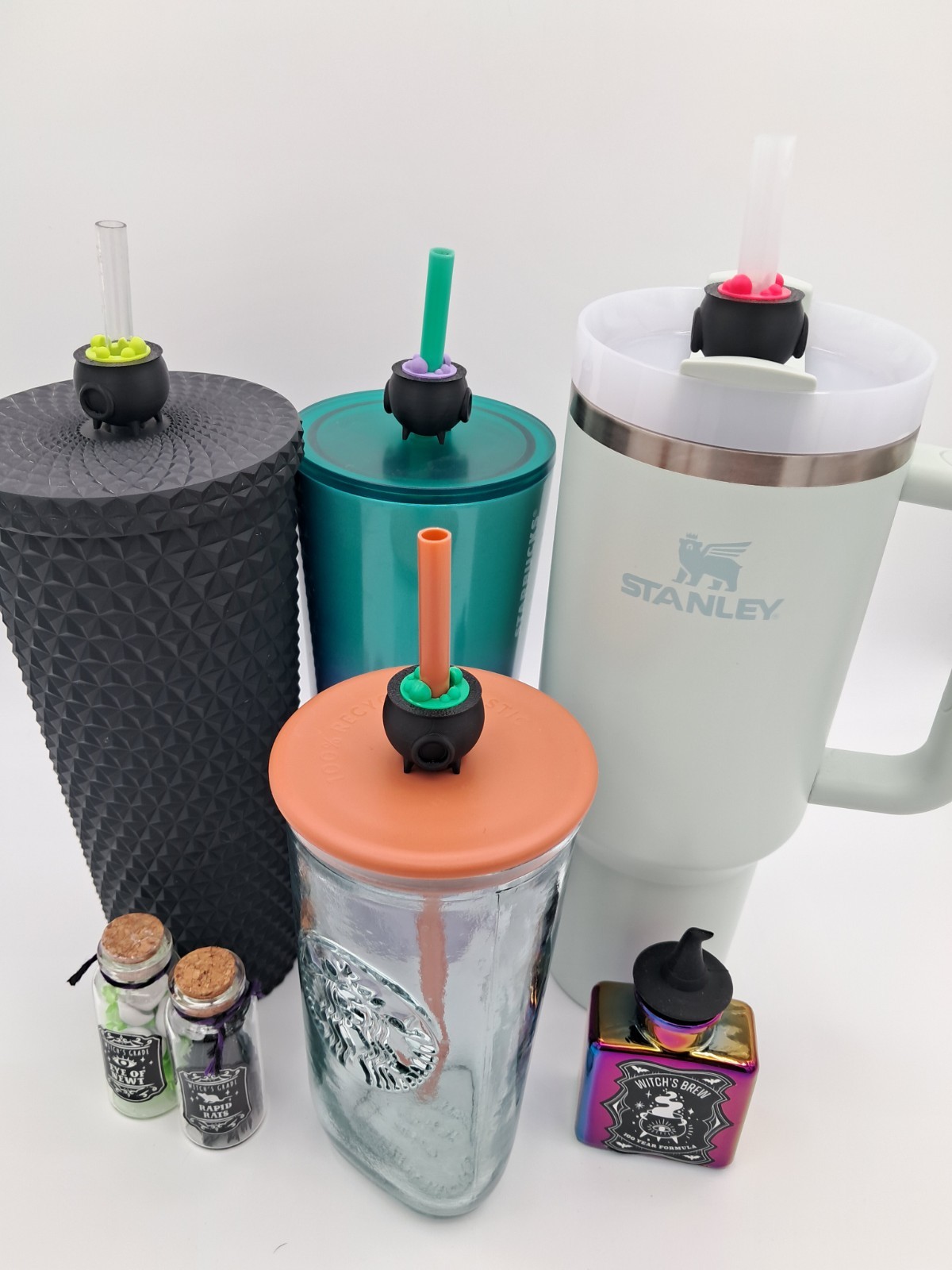 3D Printed Spooky Cute Witch Cauldron Straw Topper – Reusable Straw Accessory
