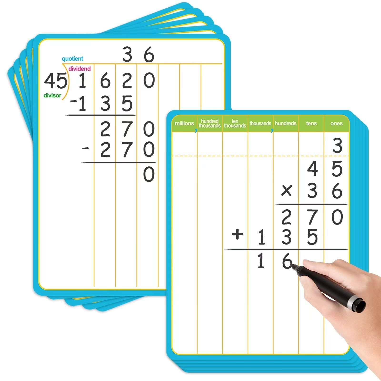 12 Pack Long Division Dry Erase Card Chart,12″ x 9″ Multiplication Flash Card…