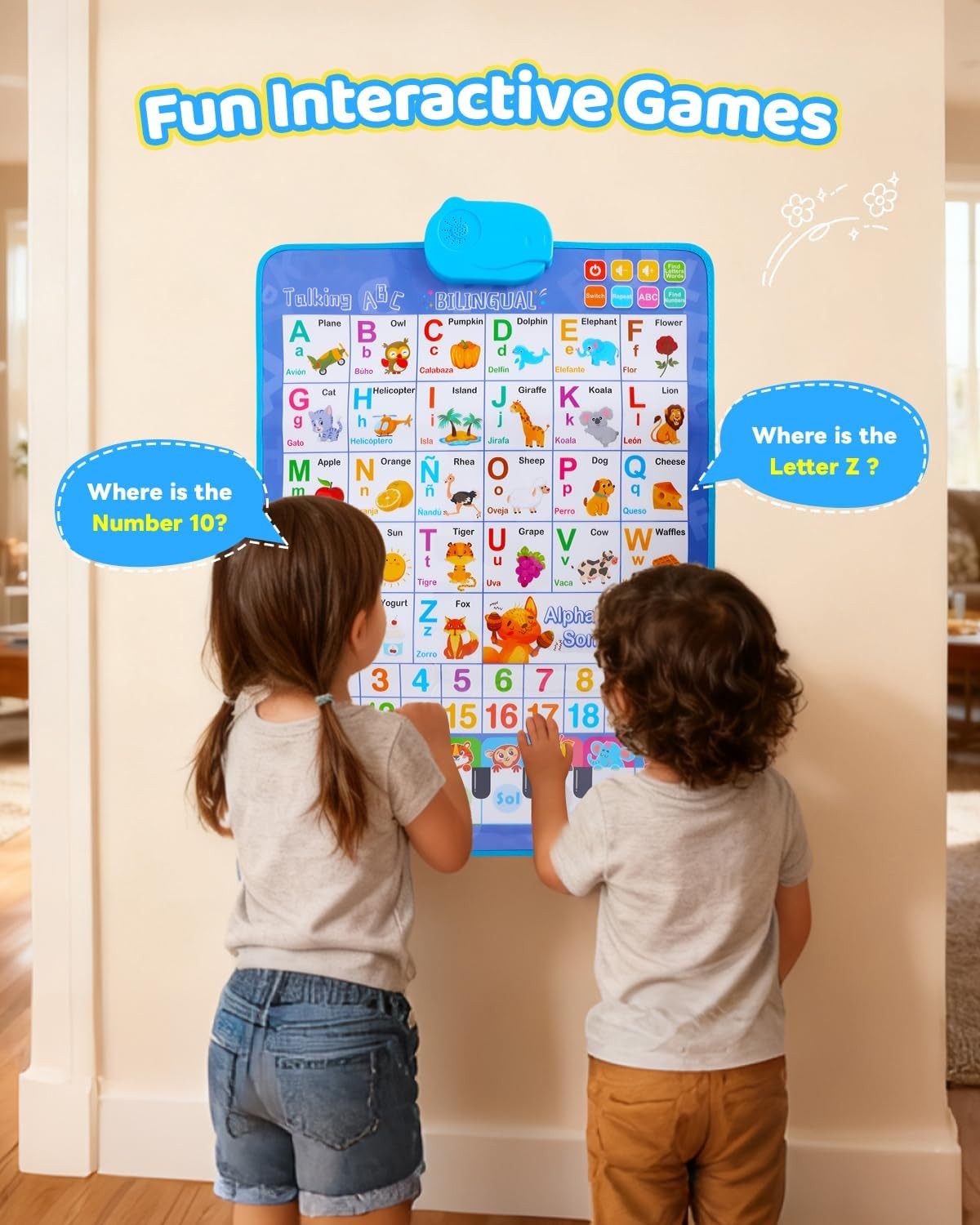 Spanish Alphabet Talking Wall Chart Toddlers 1-6 ABC 123 Interactive Music Quiz