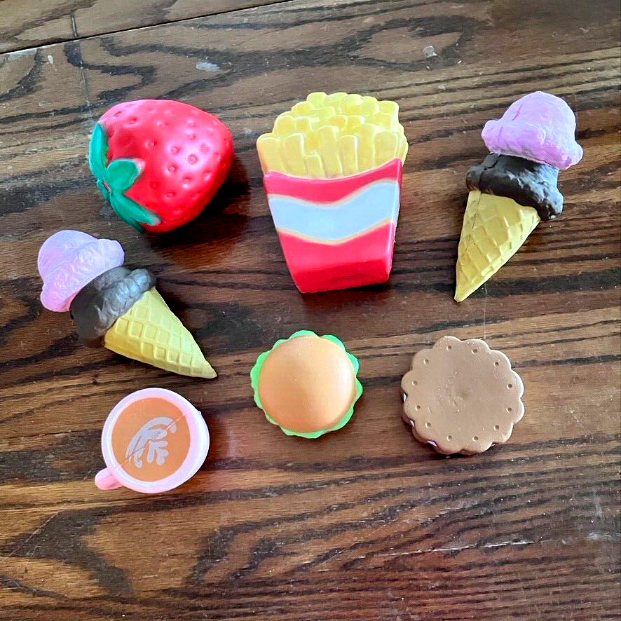 EUC SQUISHY FOOD TOYS (7) Ice Cream Cones, Hamburg, Fries, Coffee, Cookie