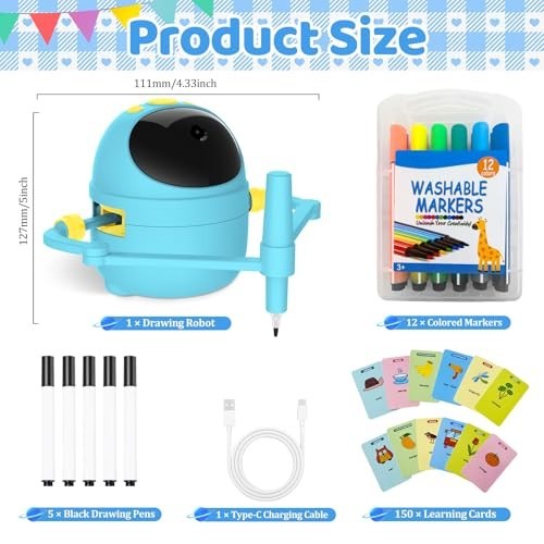 Kids Drawing Robot with Camera, 150 Learning Cards & 17 Colored Pens, STEM Art M