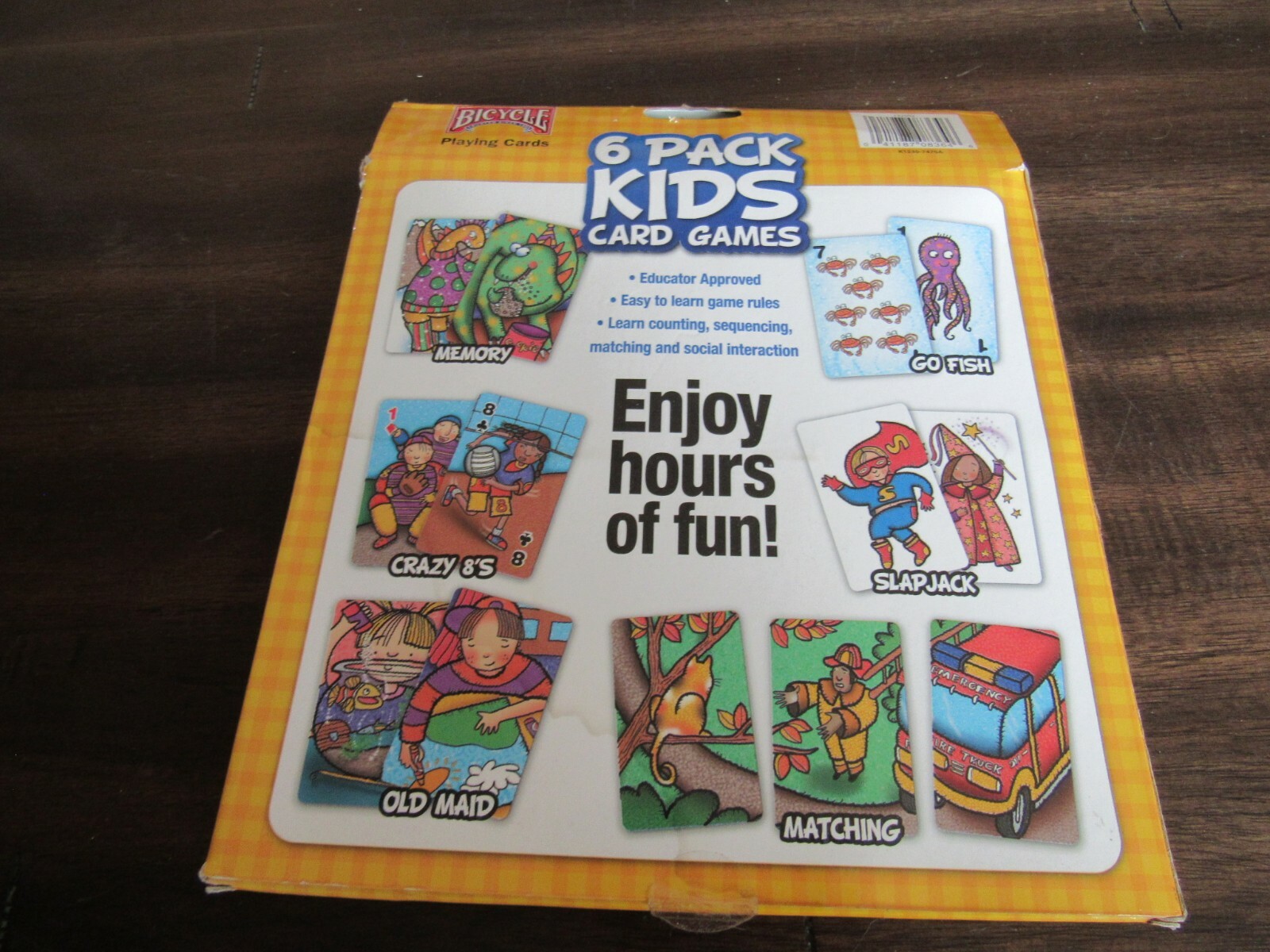 Lot 6-Pack Kid’s Card Game Box-Crazy 8s-Go Fish-Old Maid-Memory-Slapjack-Bicycle