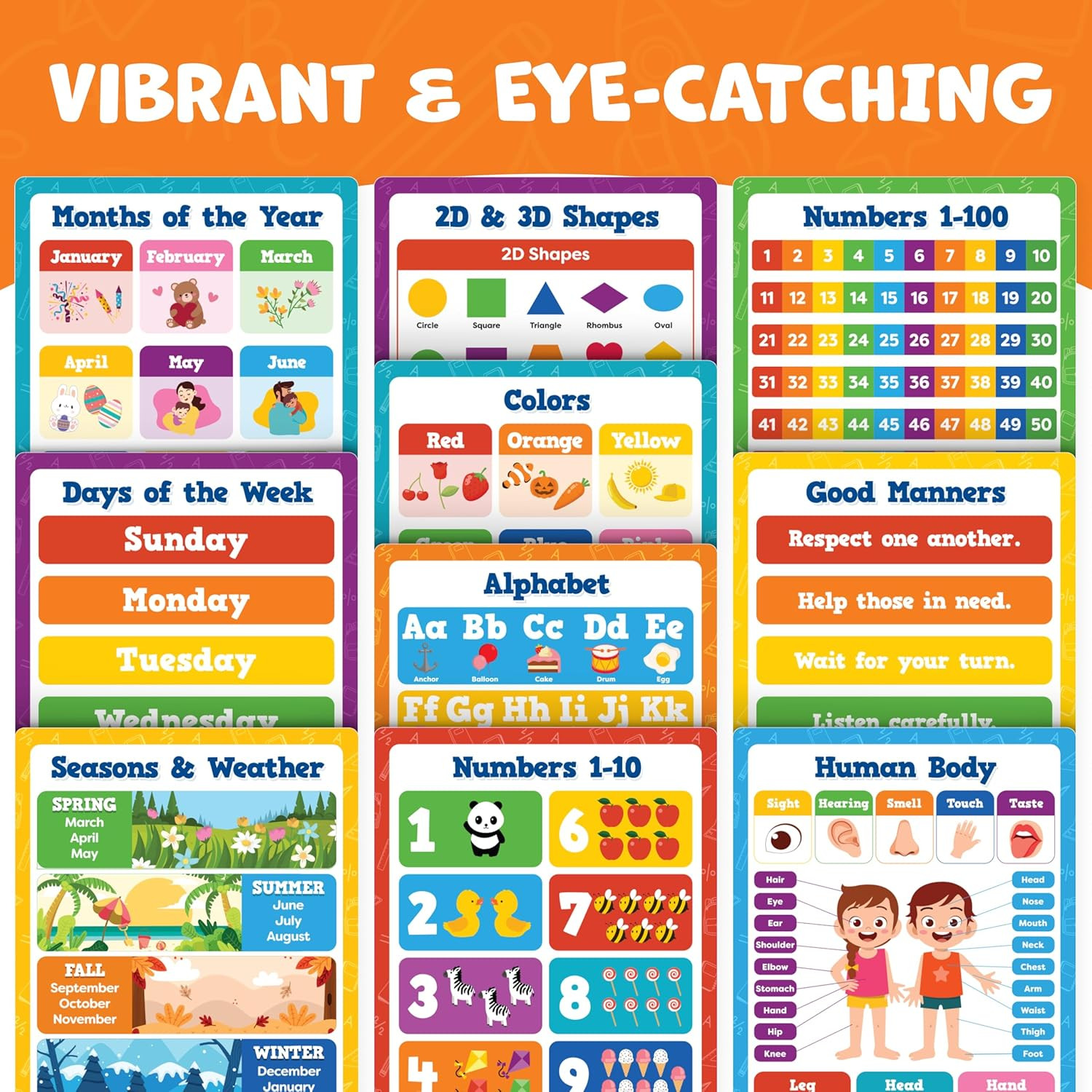 Educational Learning Posters for Toddlers 1-3 – 20Pc Classroom Toddler Learning
