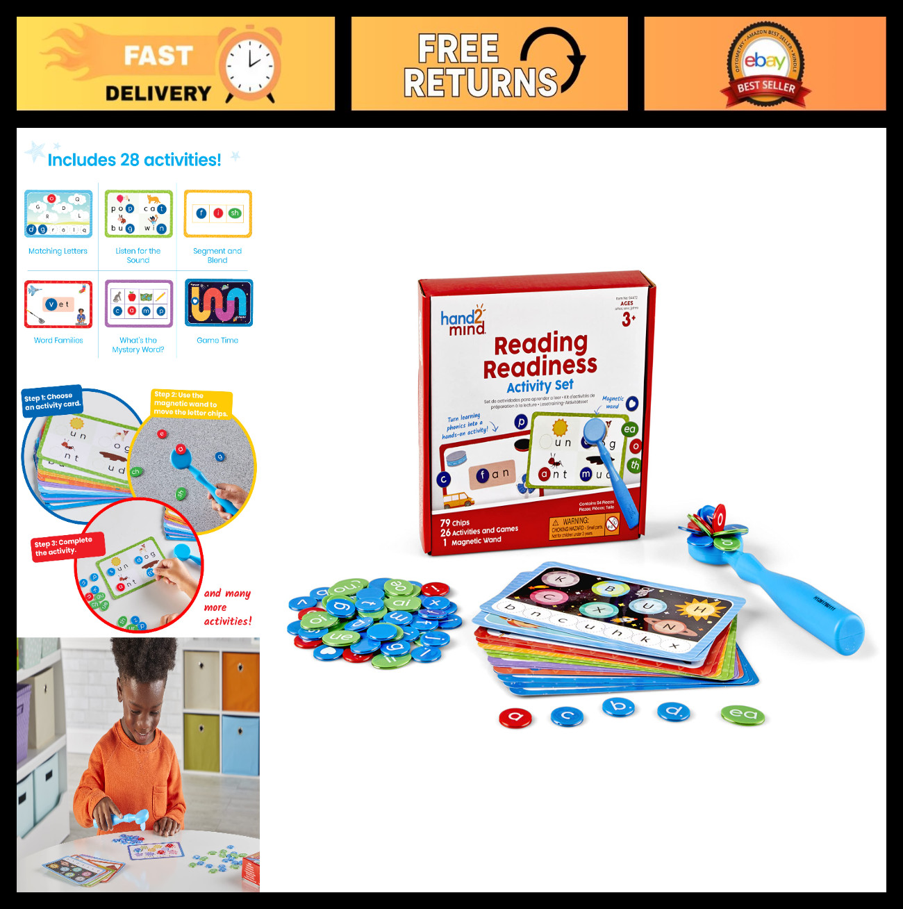 Reading Readiness Activity Set – Magnetic Wands & Chips, Spelling Toys for Kids,