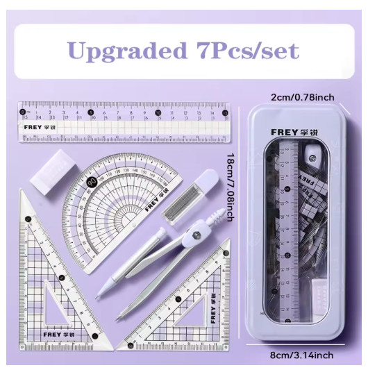 7 PCS Compass and Ruler Sets Triangle Ruler Protractor Rubber Student Exam