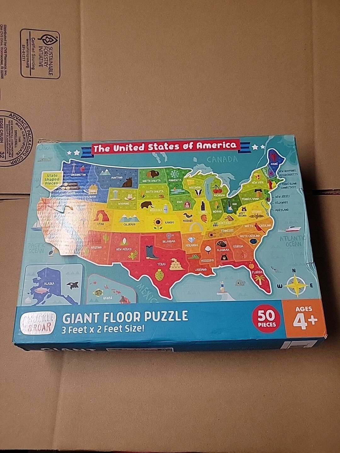 USA Floor Puzzle Jumbo Giant Puzzle 24 Pc. 3 ft x 2 ft Educational for Children
