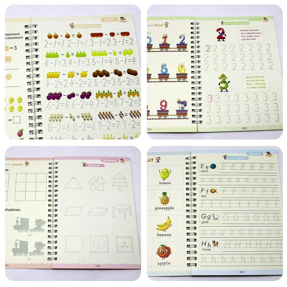 4 Pack Grooved Writing Books Magic Copy Handwriting Practice for Kids 3-5 Yrs