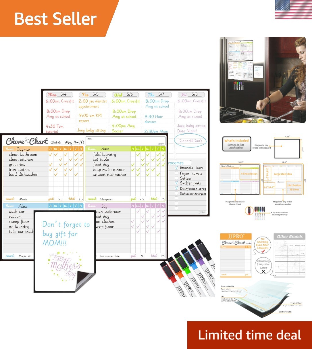 Family-Friendly Magnetic Chore Chart and Planner – Bonus Erase Markers Included