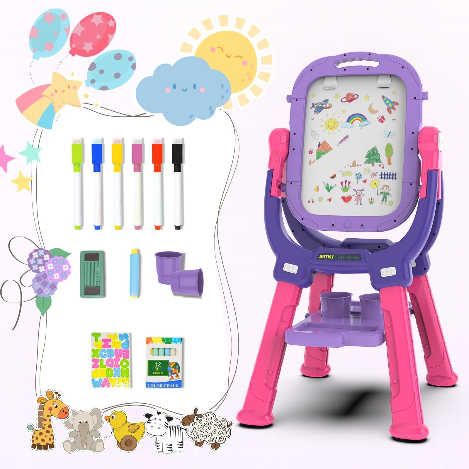 Easel for Kids, Toddler Art Easel Adjustable Standing, Magnetic Double Sided …