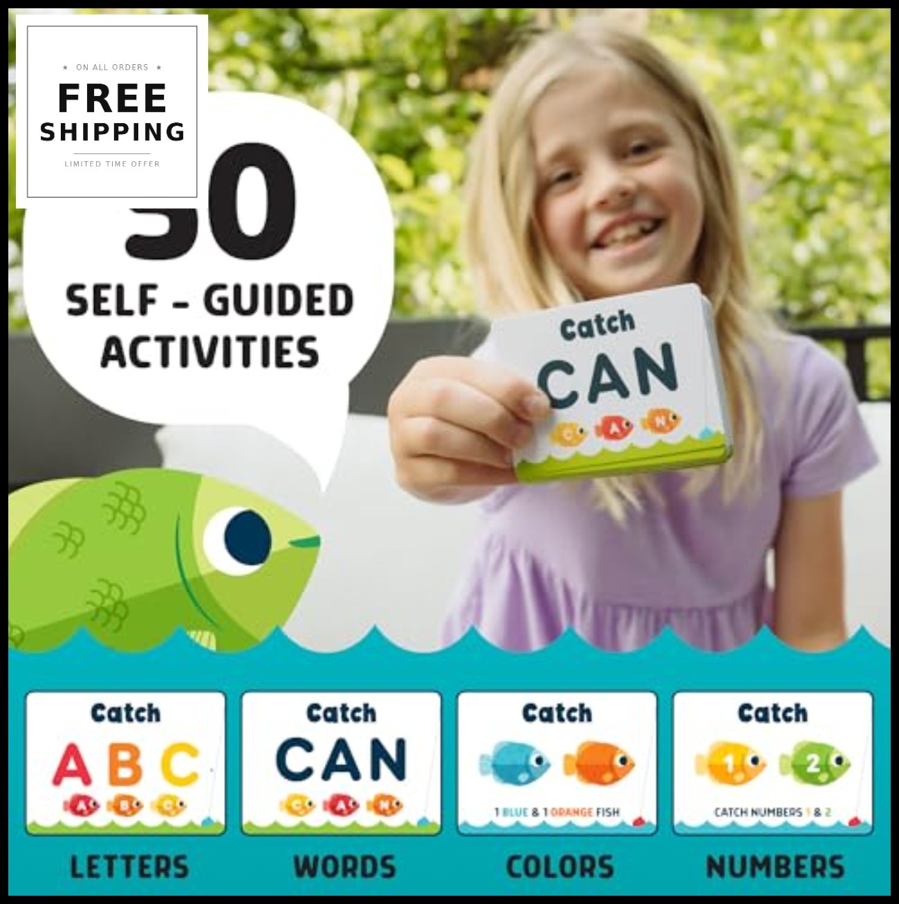 Fishing Game for Kids 4 Poles 50 Magnetic Fish Alphabet Letters Colors Numbers