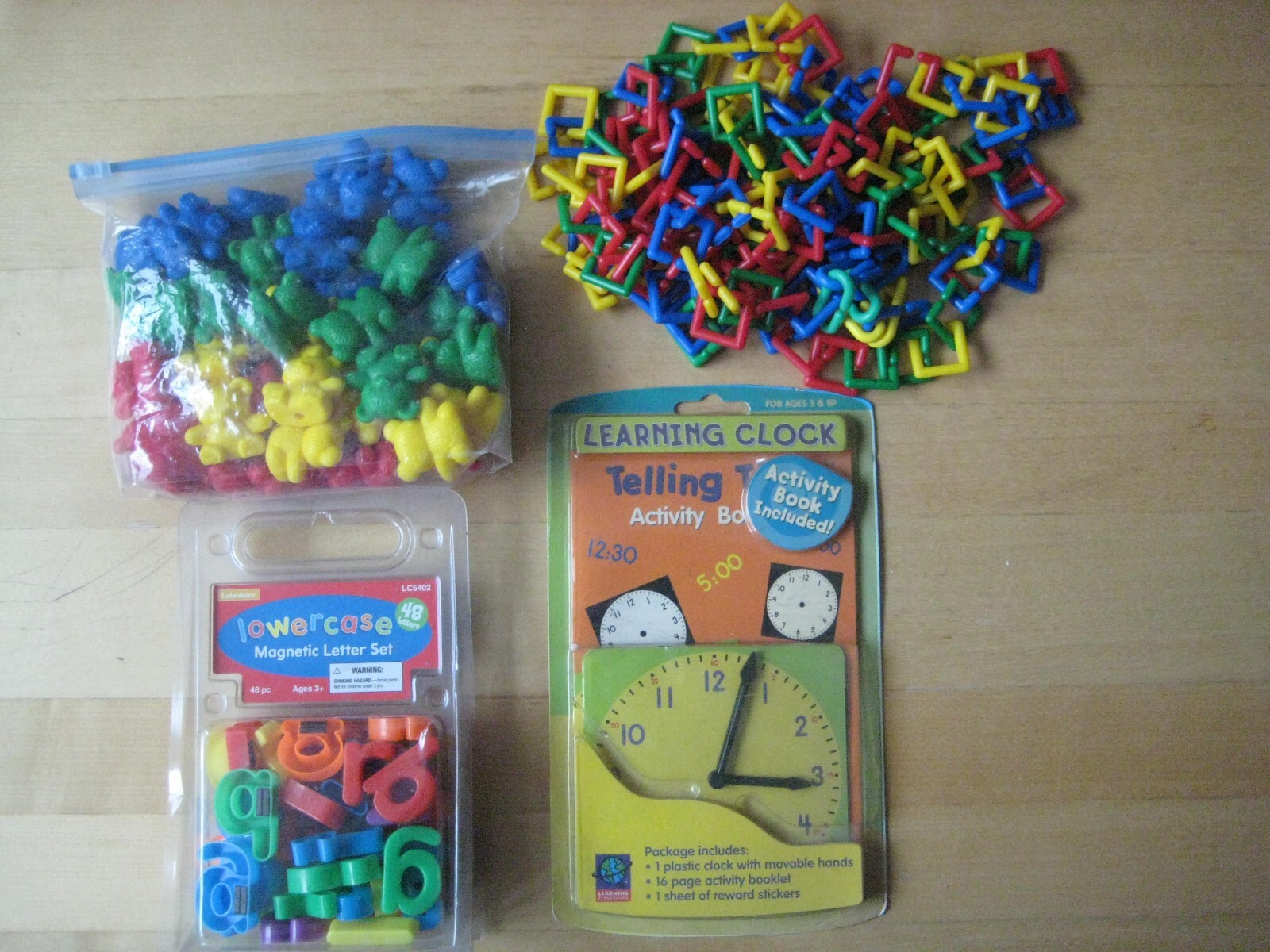 LEARNING TOYS LOT *MAGNETIC ALPHABETS * COUNTING BEARS * TELLING TIME + Links