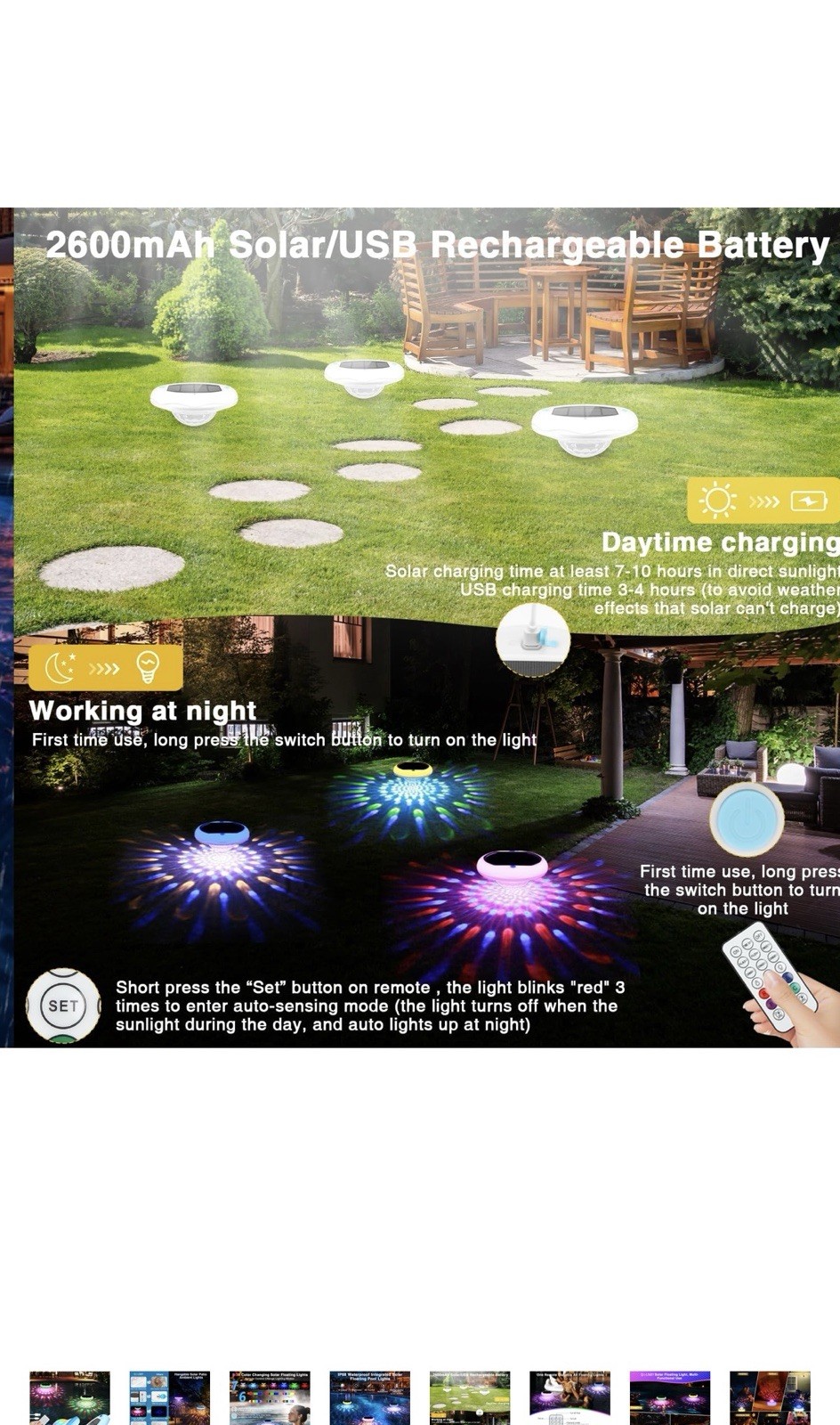 Solar Powered and USB Rechargeable Floating Pool Lights, 6.69 Inch IP68