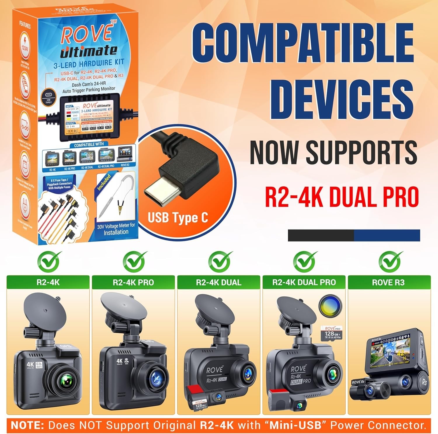 ROVE Ultimate Dash Cam Hardwire Kit with USB-C Port for R2-4K, R2-4K PRO, R2-