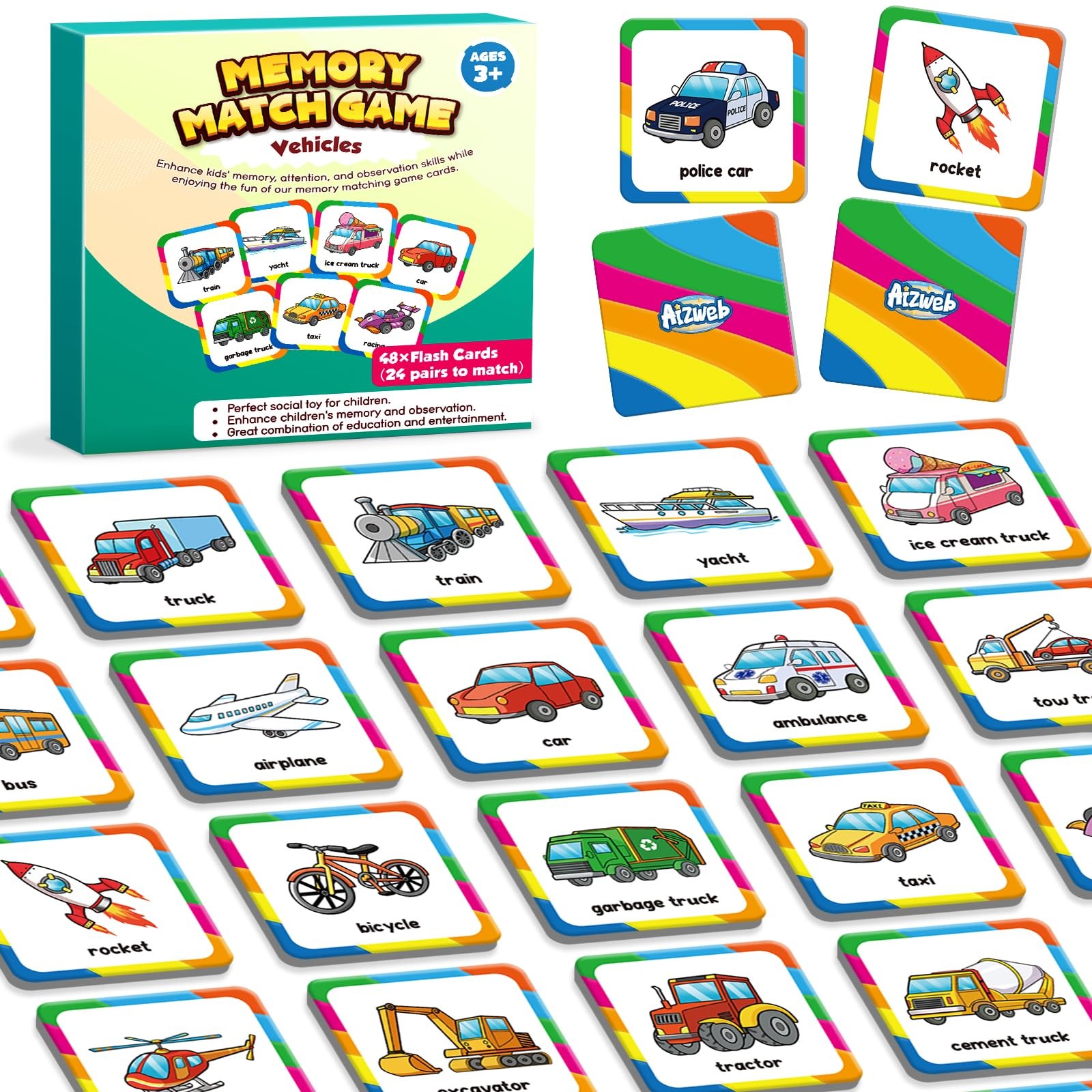 Aizweb Match Game,Memory Game, Vehicle 48 Pcs Toddler Card Games for Kids Age…