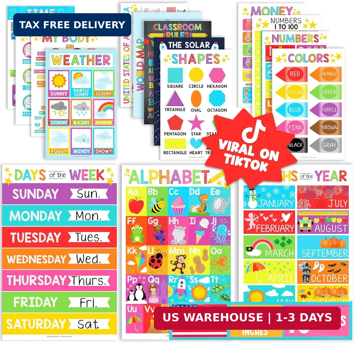 Hadley Designs 16 Educational Posters for Classroom Must Haves – Laminated Pre-K