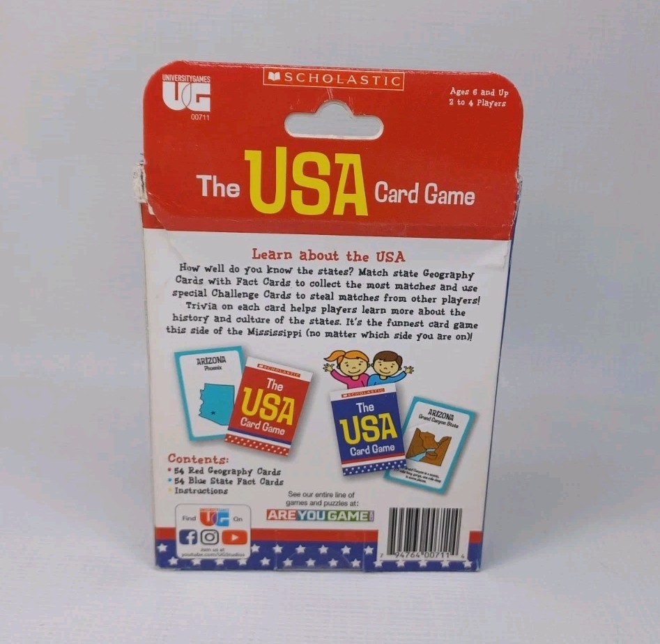 University Games Scholastic The USA Card Game Travel Trivia 2-4 Players Ages 6 +