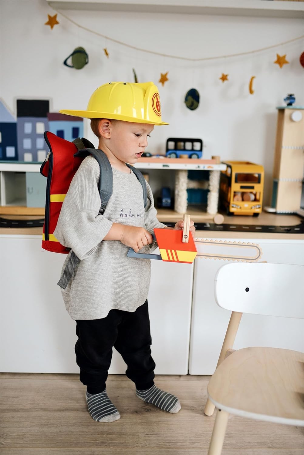 small foot Chainsaw made of wood, role play toy on the theme of fire department,