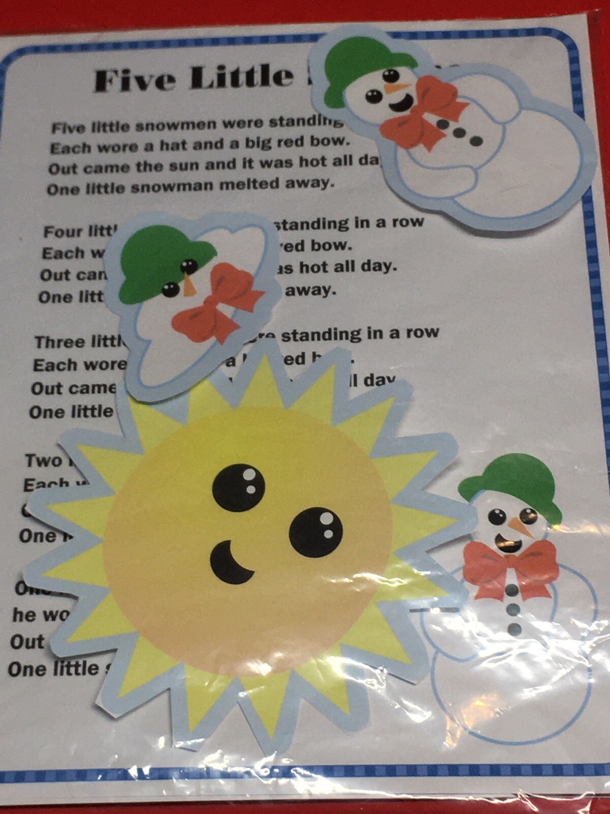 FIVE LITTLE SNOWMEN – LAMINATED – FLANNEL FELT STORY and PIECES