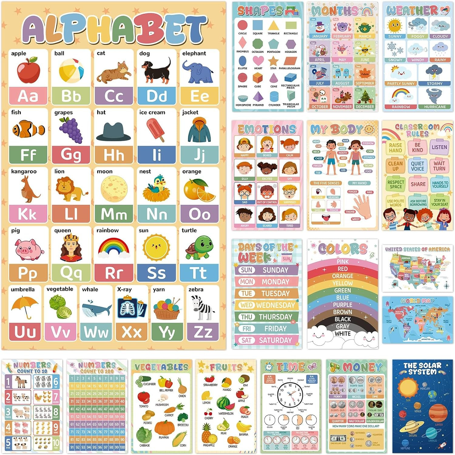 18 Educational Posters for Toddlers 1-3, Laminated Learning Posters with Alphabe