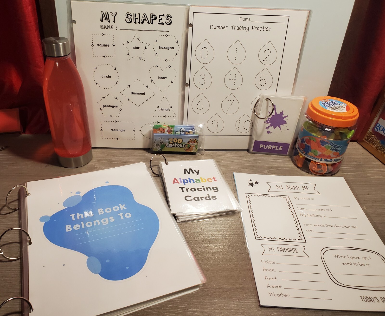 Learning Packs with Glitter Sensory Bottle (Abc’s, 123’s, Colors, Shapes)