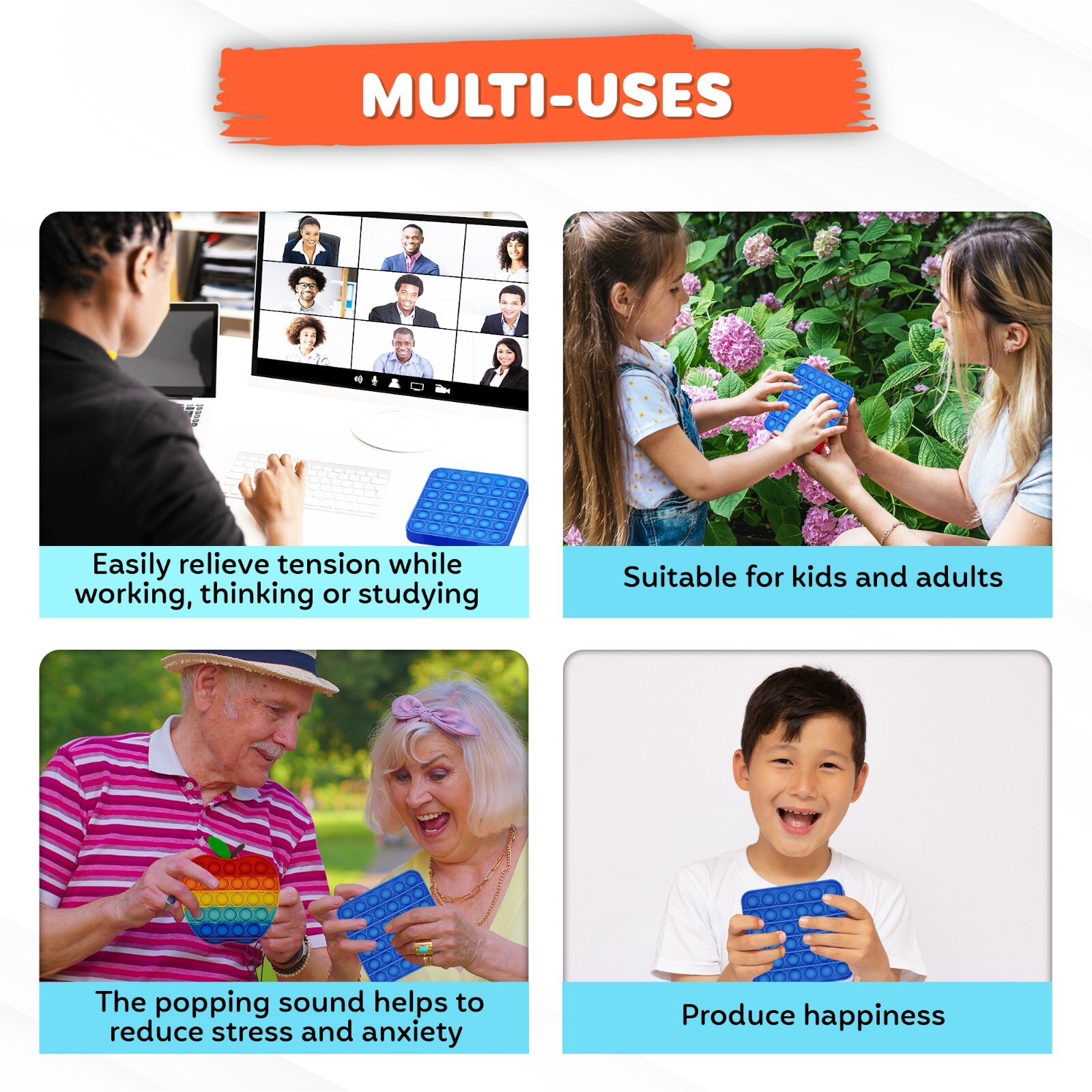 Popit Fidget Sensory Toy Stress and Anxiety Relief for Kids. 5 Pack Rainbow