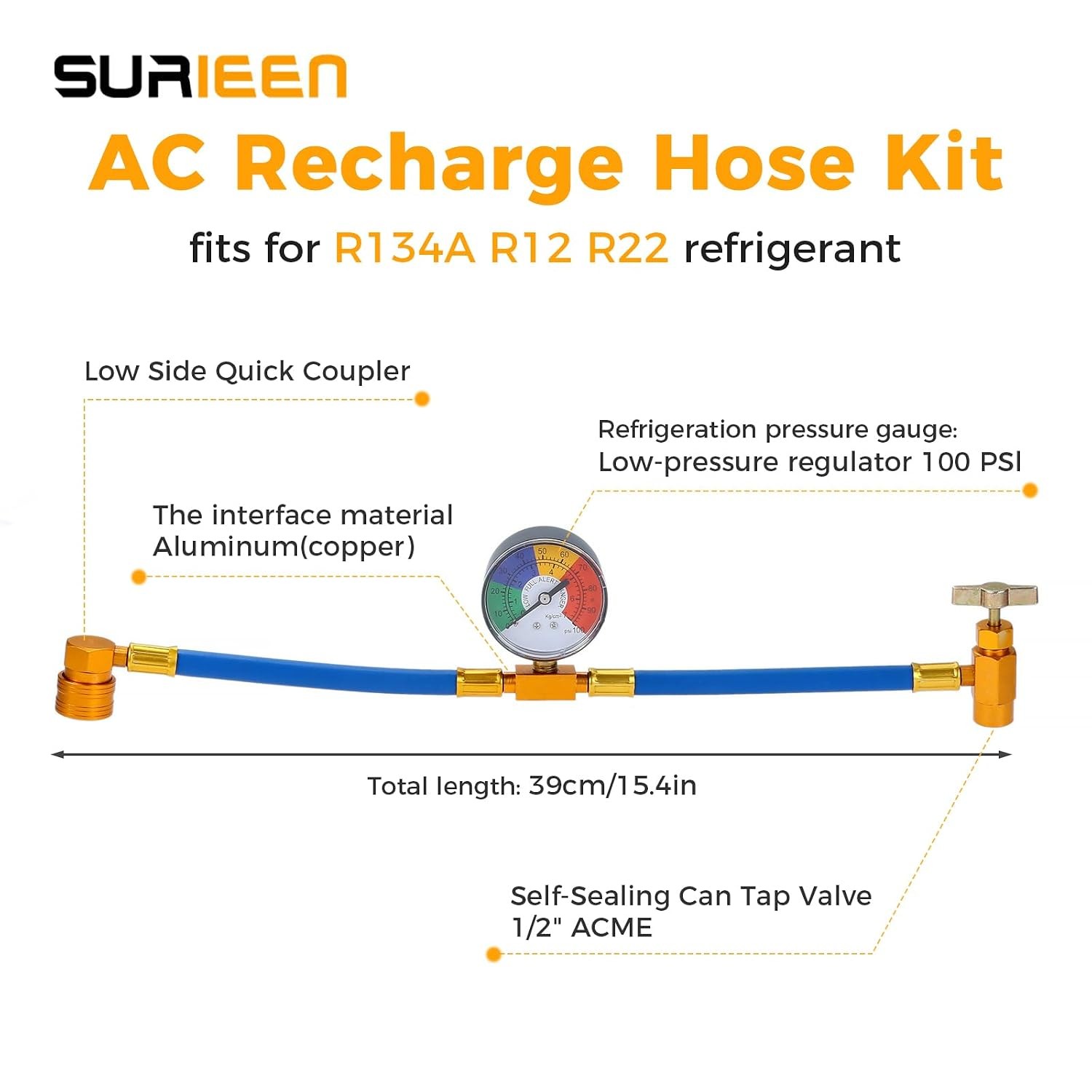 R134A AC Refrigerant Recharge Kit with 1/2″ Self-Sealing R134A Can and Gauge
