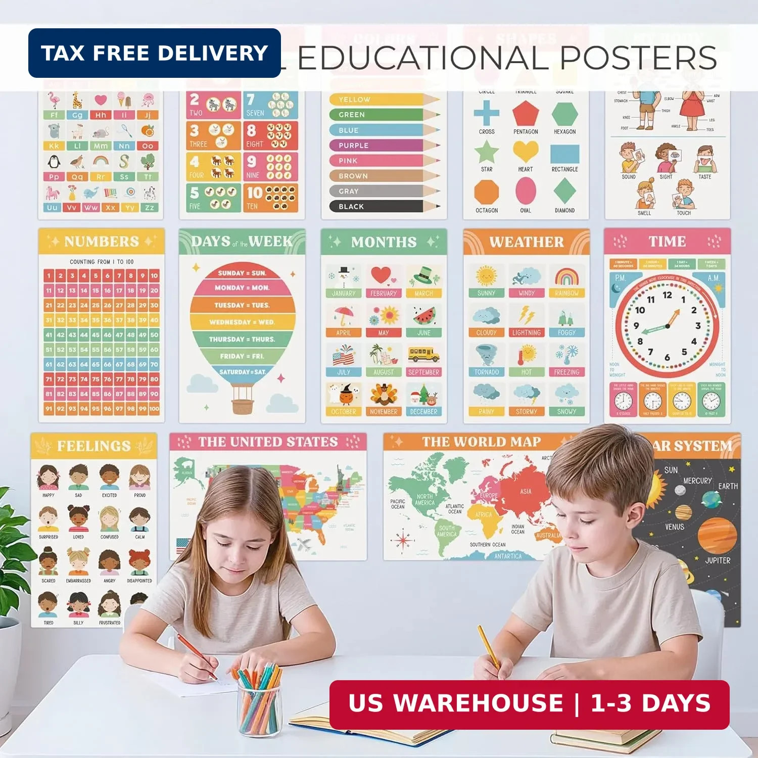 Fun Educational Posters for Toddlers – Set of 16 Easy to Read Learning Posters f