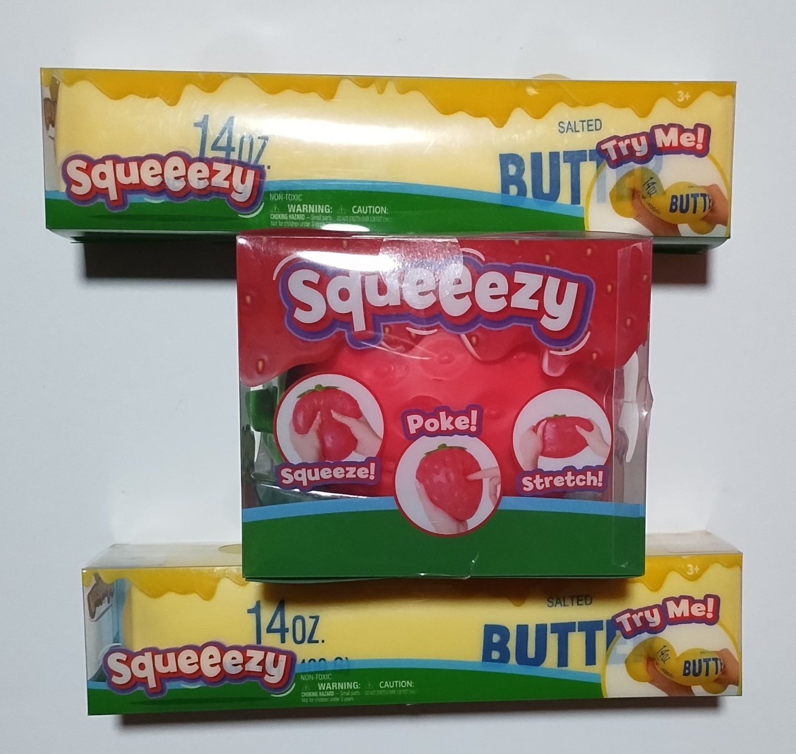 NEW Sunny Days Viral Jumbo Squeezy Butter (2) & Strawberry (1) Squishy Toy ALL 3