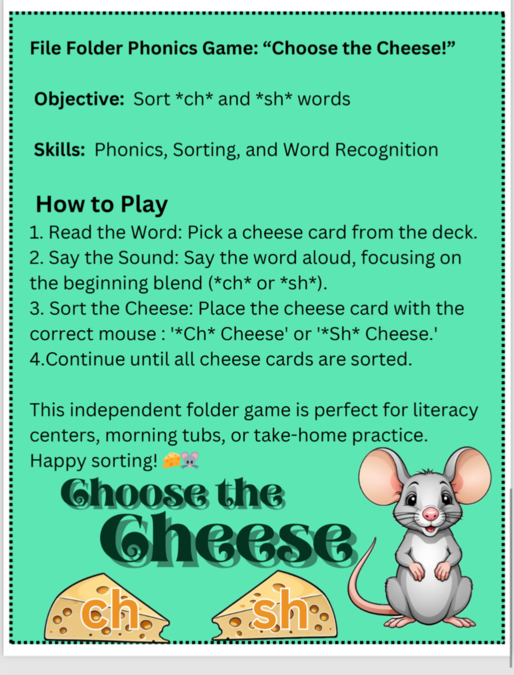 NEW – Phonics Game CH SH – DIY File Folder game – Printed / Uncut