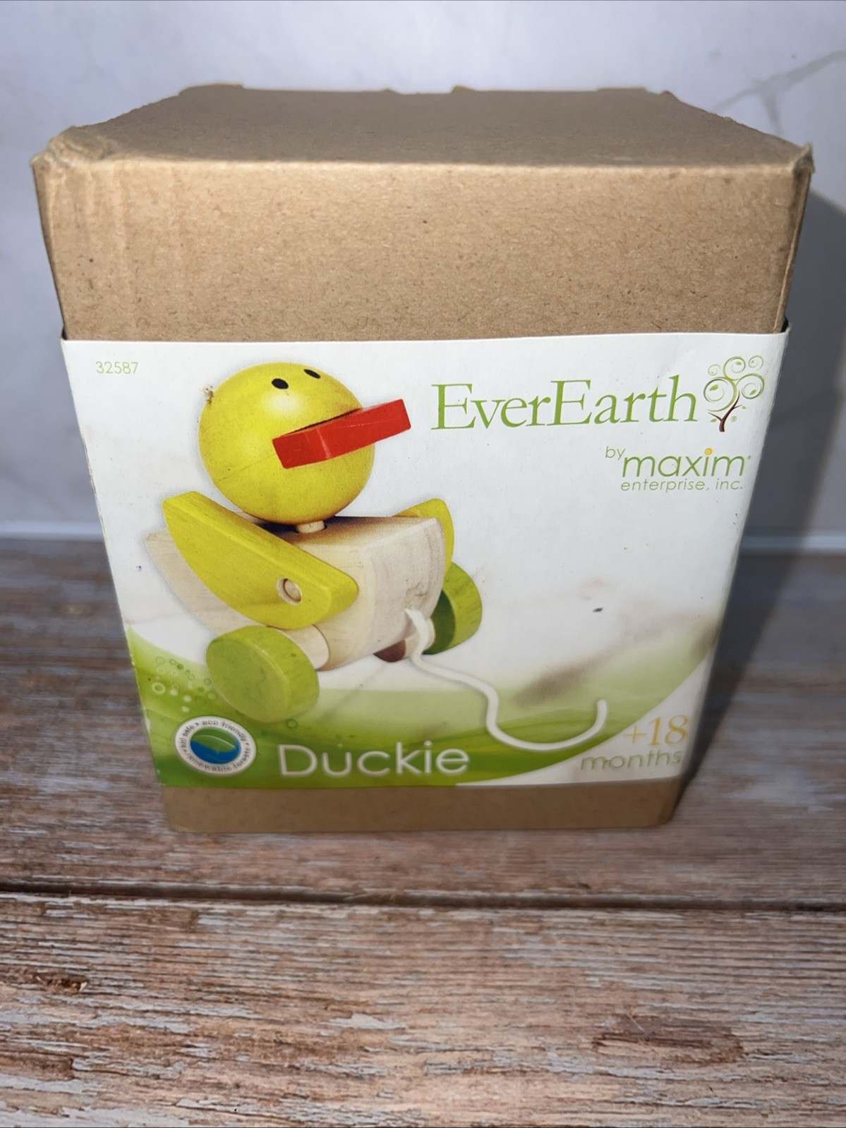2009 Everearth Pull Along YELLOW DUCK RARE wooden Toddler/Baby Toy Ever Earth~