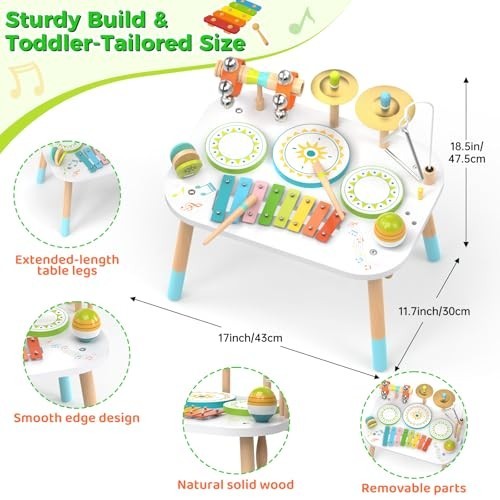 12-in-1 Drum Set for Toddlers 1-3,Baby Musical Instruments Table ,Wooden…