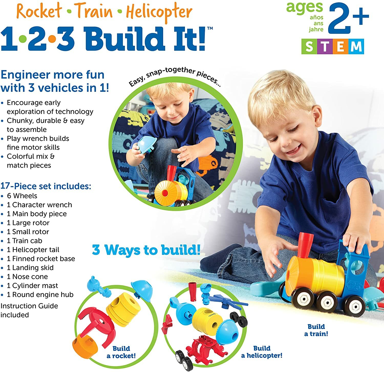 NEW Learning Resources 1-2-3 Build It! Rocket Train Helicopter STEM For Ages 2+