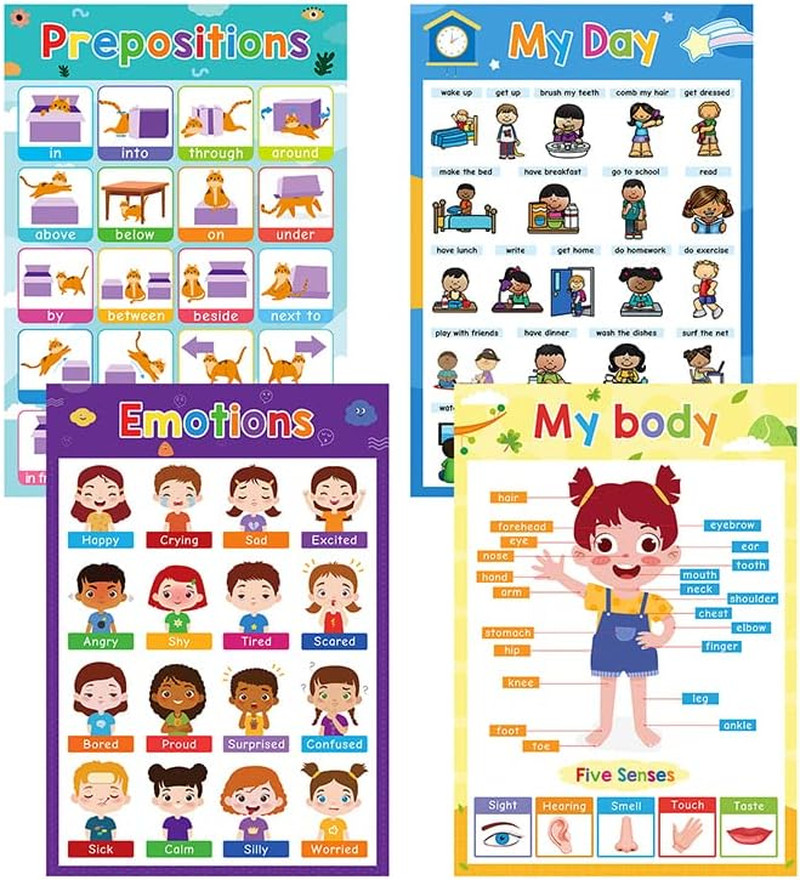Educational Posters for Kids, Set of 4 A3 Size, My Day, Emotions, My Body, Prepo
